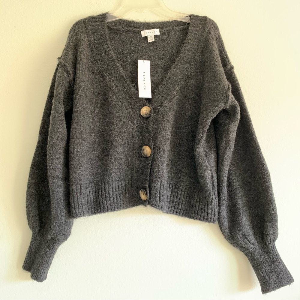 Topshop Gray Cropped Button Cardigan Sweater w Balloon/Bell Sleeves